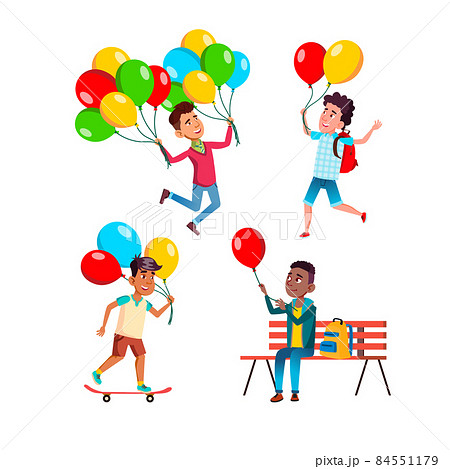 school kid boy with air balloon set vector school kid boy with air balloon set vector 84551179