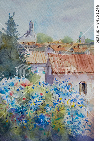 フランスの小さな村 プロヴァンスの水彩画 風景画のイラスト素材