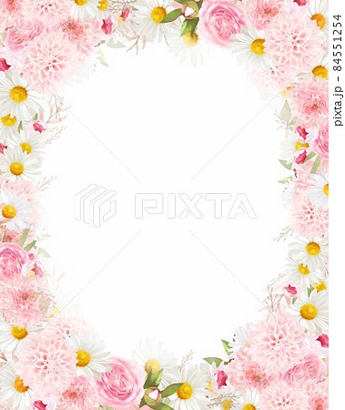 エレガントなピンク系のバラの花とデイジーに囲まれたおしゃれフレームベクターイラスト素材のイラスト素材