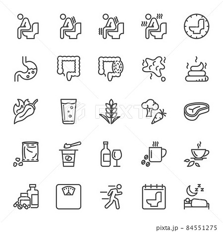 Cause, effect, and prevention of constipation or digestive system. Vector line icons 84551275