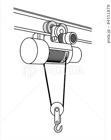 Electric winch for lifting cargo. Electric hoist with steel rope or wire, cable, wheel.  Vector illustration 84551879