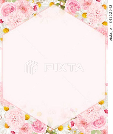 エレガントなピンク系のバラの花とデイジーに囲まれたおしゃれ招待状フレームベクターイラスト素材のイラスト素材
