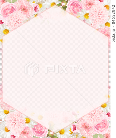 エレガントなピンク系のバラの花とデイジーに囲まれたおしゃれ招待状フレームベクターイラスト素材のイラスト素材