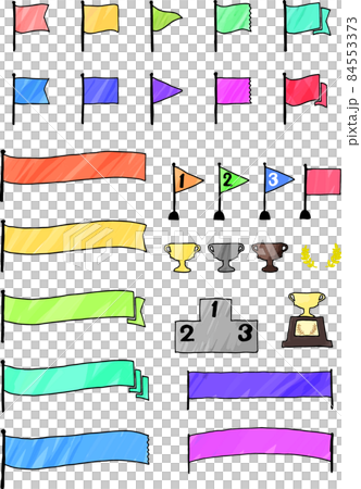 Vector illustration of a colorful flag drawn with a pen and a winning cup Vector illustration of a colorful flag drawn with a pen and a winning cup 84553373