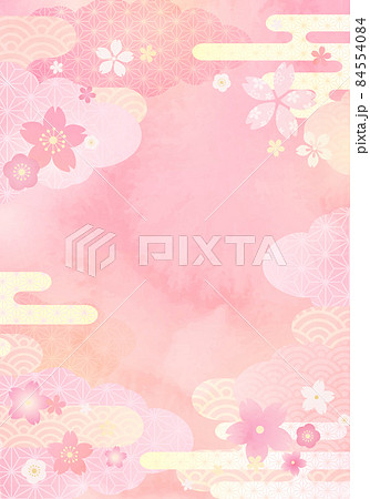 春の和柄の花と雲と桜イメージのベクターイラスト背景 84554084