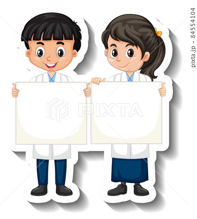 Scientist couple kids holding empty board cartoon character sticker Scientist couple kids holding empty board cartoon character sticker 84554104