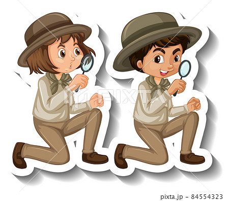 Couple kids wear safari outfit cartoon character sticker Couple kids wear safari outfit cartoon character sticker 84554323