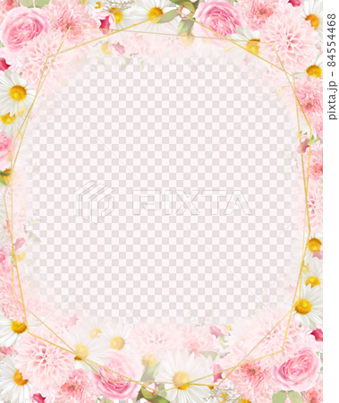 Elegant pink roses and daisies translucent frosted glass gold frame vector illustration material 84554468