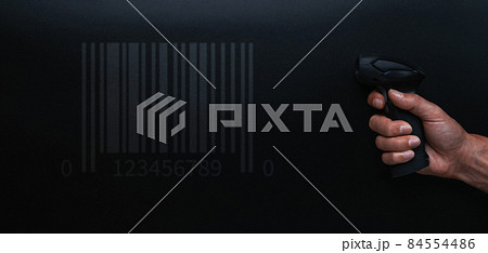 Bar code. Retail label barcode scan. Reader laser scanner for warehouse on black background. Product code data concept. Bar code. Retail label barcode scan. Reader laser scanner for warehouse on black background. Product code data concept. 84554486