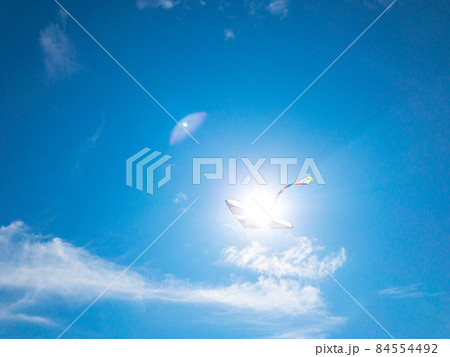 Kite blue sky. Colorful high flying toy. Air kite fly on wind clouds. Rainbow kite in summer background. Concept of dreams, freedom, childhood. 84554492