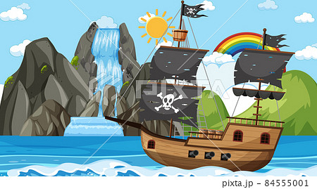 Ocean with Pirate ship at day time scene in cartoon style Ocean with Pirate ship at day time scene in cartoon style 84555001