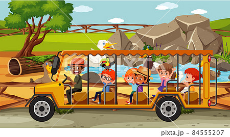Safari scene with children watching duck group 84555207