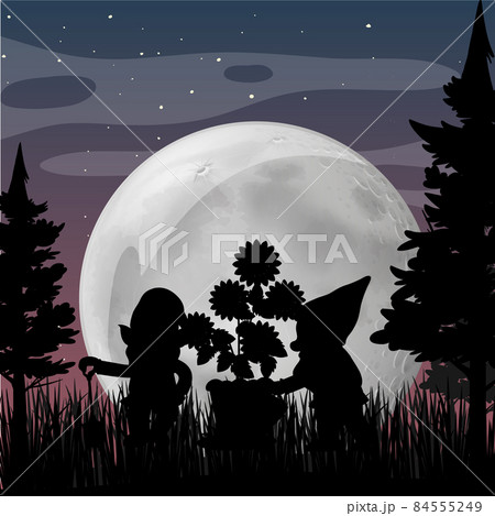 Silhouette gnomes with full moon background 84555249
