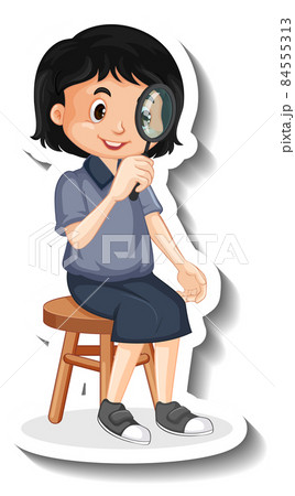 Cartoon girl looking through magnifying glass 84555313
