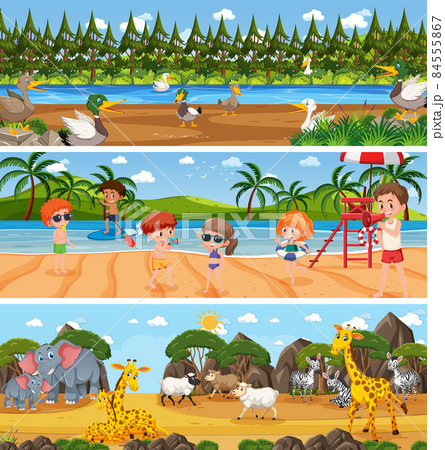 Different panoramic nature landscape set with cartoon character Different panoramic nature landscape set with cartoon character 84555867
