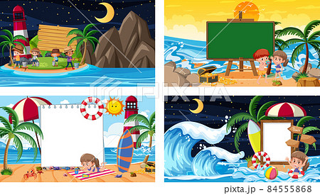 Set of blank banner in different tropical beach scenes Set of blank banner in different tropical beach scenes 84555868