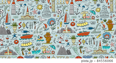 Travel to Sochi, Russian City on Black Sea. Tourism Concept. Seamless Pattern Background for your design Travel to Sochi, Russian City on Black Sea. Tourism Concept. Seamless Pattern Background for your design 84556066