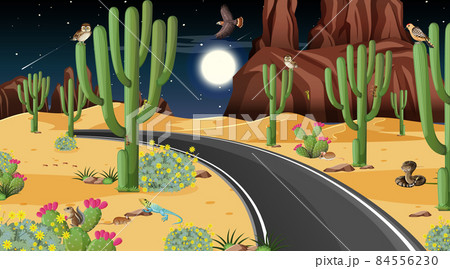 Road through the desert forest landscape scene with desert animals Road through the desert forest landscape scene with desert animals 84556230