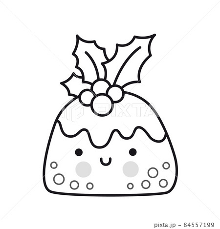 Christmas pudding, cake with holly. Holiday decoration, treat. Outline illustration. Vector isolated emblem for logo, coloring book, tattoo, print. Cute cartoon character. Christmas pudding, cake with holly. Holiday decoration, treat. Outline illustration. Vector isolated emblem for logo, coloring book, tattoo, print. Cute cartoon character. 84557199
