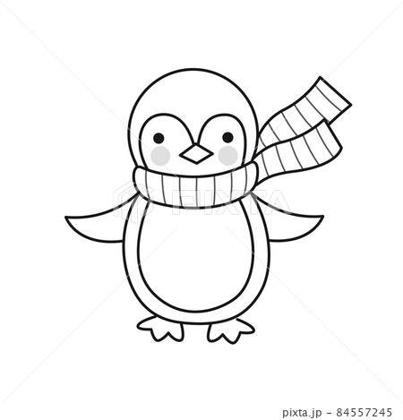 Kawaii penguin in striped scarf. Cute cartoon character. Funny cute outline illustration. Vector isolated emblem for logo, coloring book, tattoo, print. Kawaii penguin in striped scarf. Cute cartoon character. Funny cute outline illustration. Vector isolated emblem for logo, coloring book, tattoo, print. 84557245
