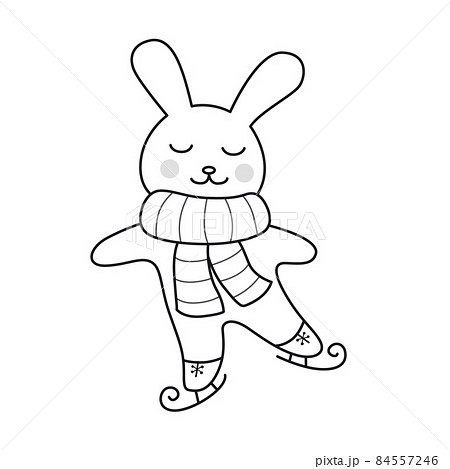 Ice skating rabbit in striped scarf. Cute cartoon bunny character. Funny outline illustration. Vector isolated emblem for logo, coloring book, tattoo, print. Ice skating rabbit in striped scarf. Cute cartoon bunny character. Funny outline illustration. Vector isolated emblem for logo, coloring book, tattoo, print. 84557246