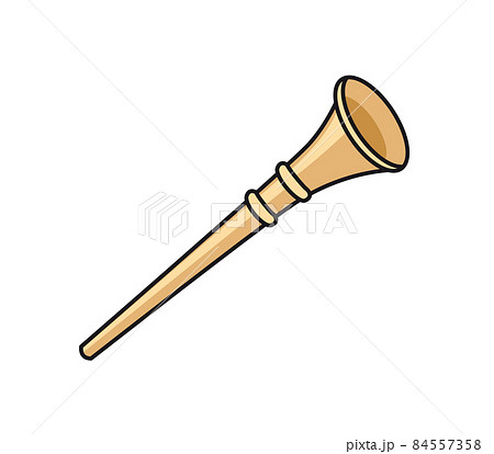Cherub trumpet. Golden musical instrument for angel. Cute colored illustration. Vector isolated emblem for pin, psticker, patch, badge, print. Cherub trumpet. Golden musical instrument for angel. Cute colored illustration. Vector isolated emblem for pin, psticker, patch, badge, print. 84557358