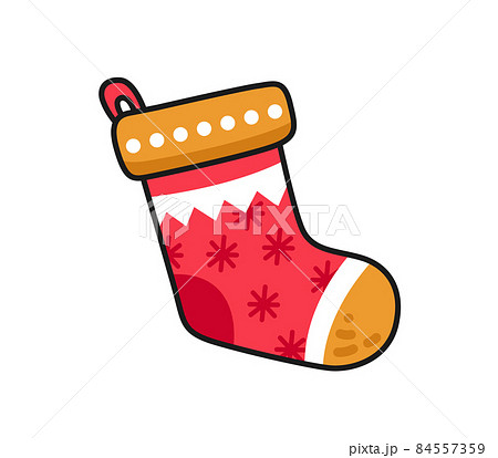 Red christmas sock for gifts. Holiday decoration, design element. Vector colored isolated illustration for pin, sticker, patch, badge, greeting card. 84557359