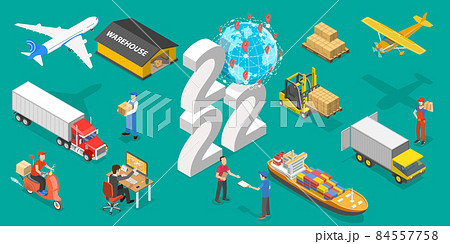 3D Isometric Flat Vector Conceptual Illustration of New Year and Transport Logistics 84557758