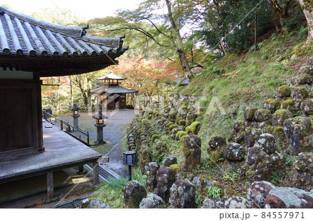 京都市嵯峨にある愛宕念仏寺境内の斜面に設置されている羅漢像群とふれあい観音堂（絵馬堂）の眺め 84557971