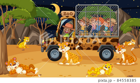 Safari at night scene with many kids watching leopard group 84558385