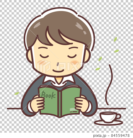 読書をする若い男性のイラスト（男の子・紅茶・コーヒー） 84559478