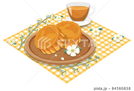 Rabbit mooncake with teacup set on tablecloth 84560838