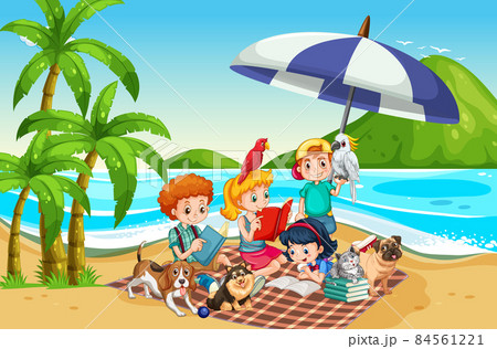 Beach scene with children playing with their dogs 84561221