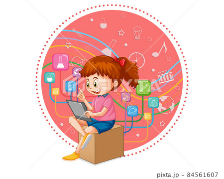 Young girl using tablet with education objects 84561607