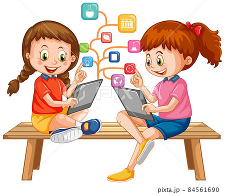 Kids using tablet with education icons 84561690