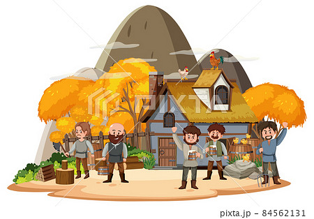 Farmhouse with villagers on white background Farmhouse with villagers on white background 84562131