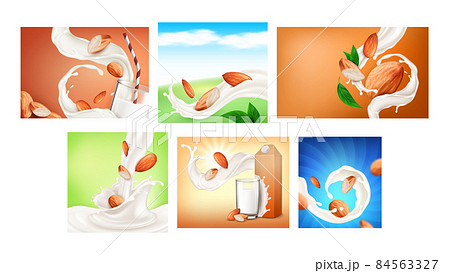Almond milk drink poster set vector 84563327