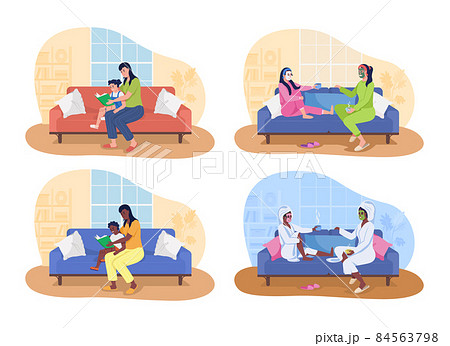Mother-child bonding 2D vector isolated illustration set. Moms and kids flat characters on cartoon background. Reading books to children. Spa day at home together colourful scenes collection 84563798