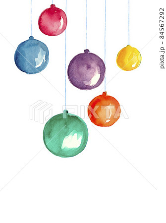 カラフルなクリスマスボール【水彩画イラスト】白バック コピースペースあり 透過背景 84567292