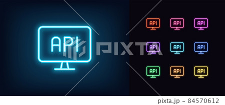 Outline neon API icon. Glowing neon computer with API sign, development interface pictogram Outline neon API icon. Glowing neon computer with API sign, development interface pictogram 84570612