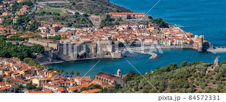 The amazing aerial view over Collioure from Fort Saint Elme surrounded by vineyards, Vermeille coast The amazing aerial view over Collioure from Fort Saint Elme surrounded by vineyards, Vermeille coast 84572331