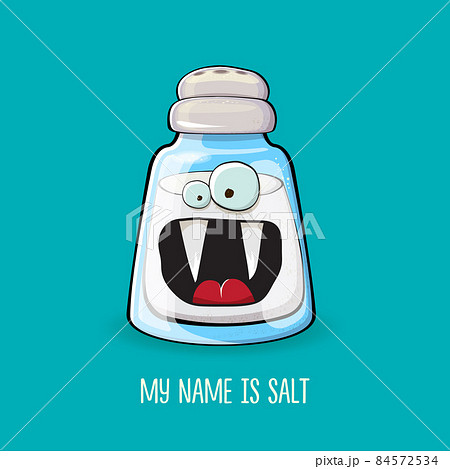 Cute cartoon salt shaker with smiling faces isolated on turquoise background. Funky Kawaii salt character. My name is salt concept illustration for printing on tee Cute cartoon salt shaker with smiling faces isolated on turquoise background. Funky Kawaii salt character. My name is salt concept illustration for printing on tee 84572534