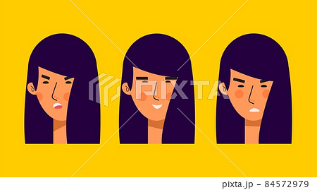 Bundle of asian women avatars characters with different expression. Cheerful, happy people flat vector illustration set 84572979