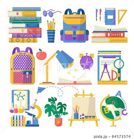 Collection of school supplies with , book, notebook, pen, backpack, ruler, books, globe, lamp, chemistry set brush and paints. Vector Back to school background with stationery. Office accessories. Collection of school supplies with , book, notebook, pen, backpack, ruler, books, globe, lamp, chemistry set brush and paints. Vector Back to school background with stationery. Office accessories. 84573574