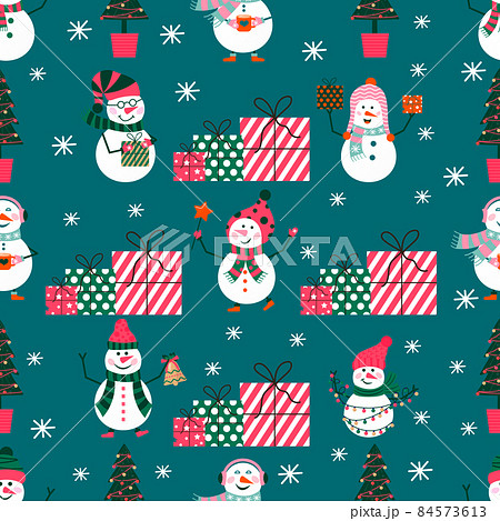 Merry Christmas cute seamlees pattern with snowman and snowflakes for happy new year presents. Scandinavian set for invitation, children room, nursery decor, interior design, textile 84573613