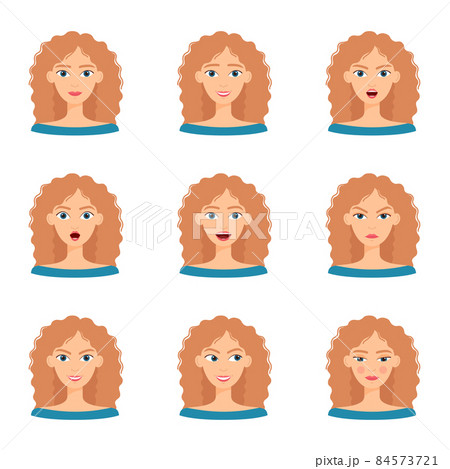 Set of emotions of beautiful blonde girl. Collection of different female emotions, vector illustration 84573721