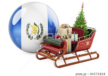 Christmas in Guatemala, concept. Christmas Santa sleigh full of gifts with Guatemalan flag. 3D rendering Christmas in Guatemala, concept. Christmas Santa sleigh full of gifts with Guatemalan flag. 3D rendering 84573828