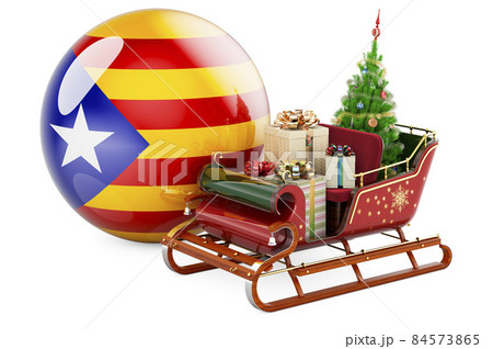 Christmas in Catalonia, concept. Christmas Santa sleigh full of gifts with Catalan flag. 3D rendering Christmas in Catalonia, concept. Christmas Santa sleigh full of gifts with Catalan flag. 3D rendering 84573865