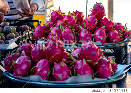 pitaya fruits on the counter in the local market close-up 84574453