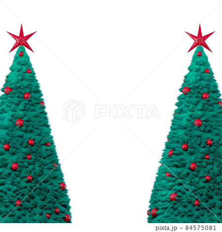 Two fur Christmas trees decorated with red toys and a star. Two Christmas trees on the edges of the frame. An empty central place for text. White background. Postcard. 3D rendering Two fur Christmas trees decorated with red toys and a star. Two Christmas trees on the edges of the frame. An empty central place for text. White background. Postcard. 3D rendering 84575081